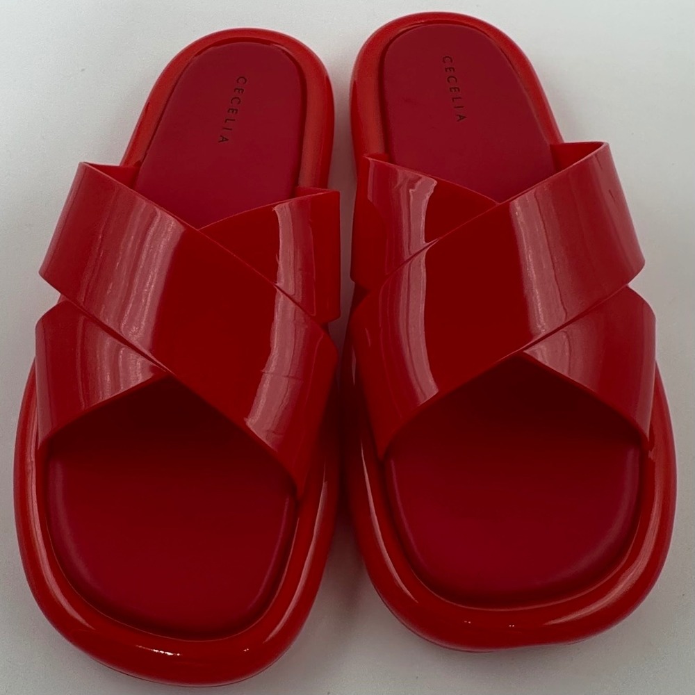 Cecelia New York Skip Jelly Slides Crisscross Platform Sandal Women 9M Red Beach